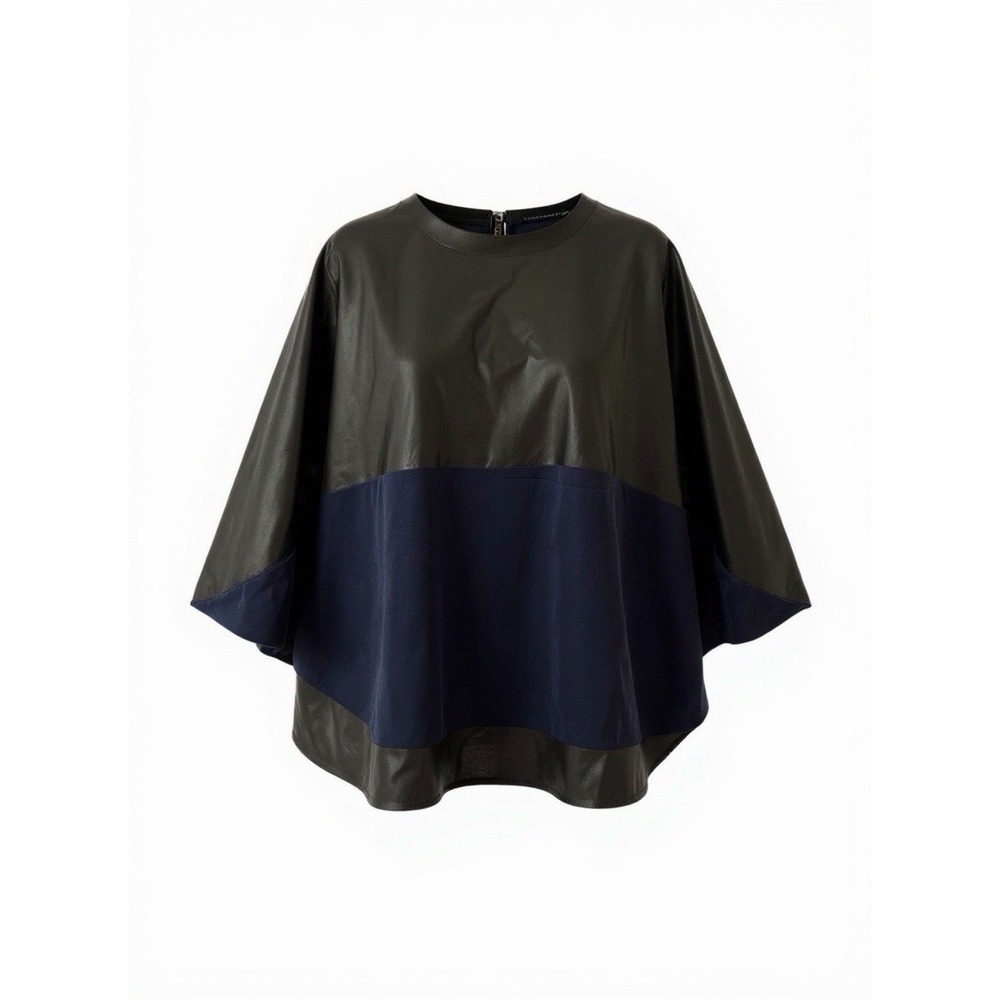 Blanc de Chine Silk Poncho Top Womens Size 2 Black Navy Colorblock Cape‎ Draped